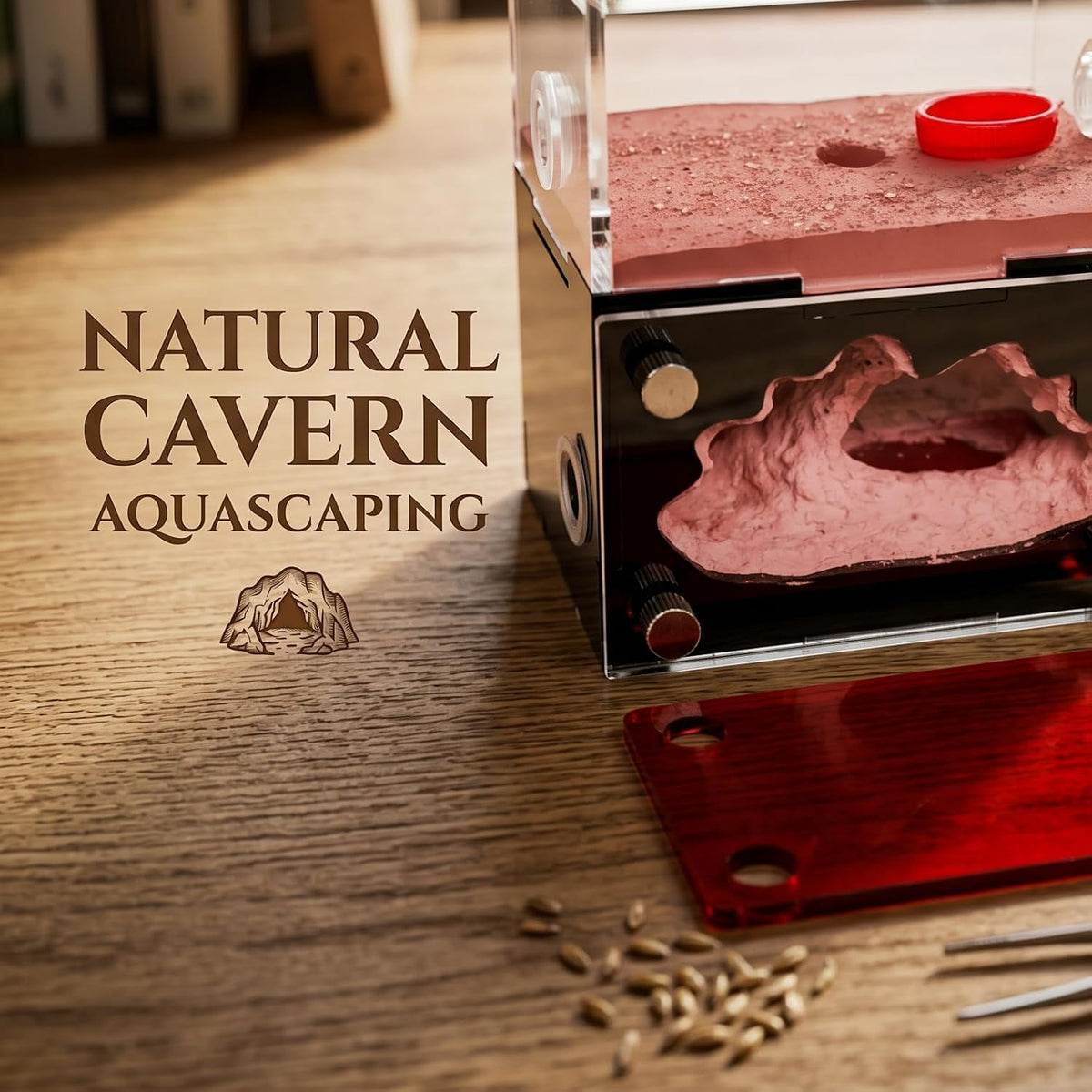 CaveView Small-Ant Nest for New Queens and Small Colonies with Clear Outworld and Long Lasting Humidity System, Approx. 9 x 7 x 11 cm, 3.54 x 2.76 x 4.33 in, 12mm Expansion Port, Red Observation Cover